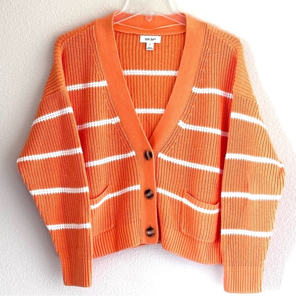 On 34th Orange Striped Patch-Pocket V-Neck Cardigan - Picture 2 of 3